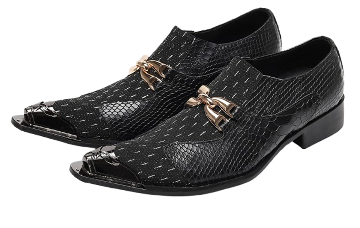 Mens Gold Chain Mixed-Texture Crocodile Embossed Western Loafers