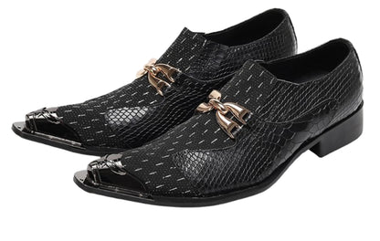 Mens Gold Chain Mixed-Texture Crocodile Embossed Western Loafers