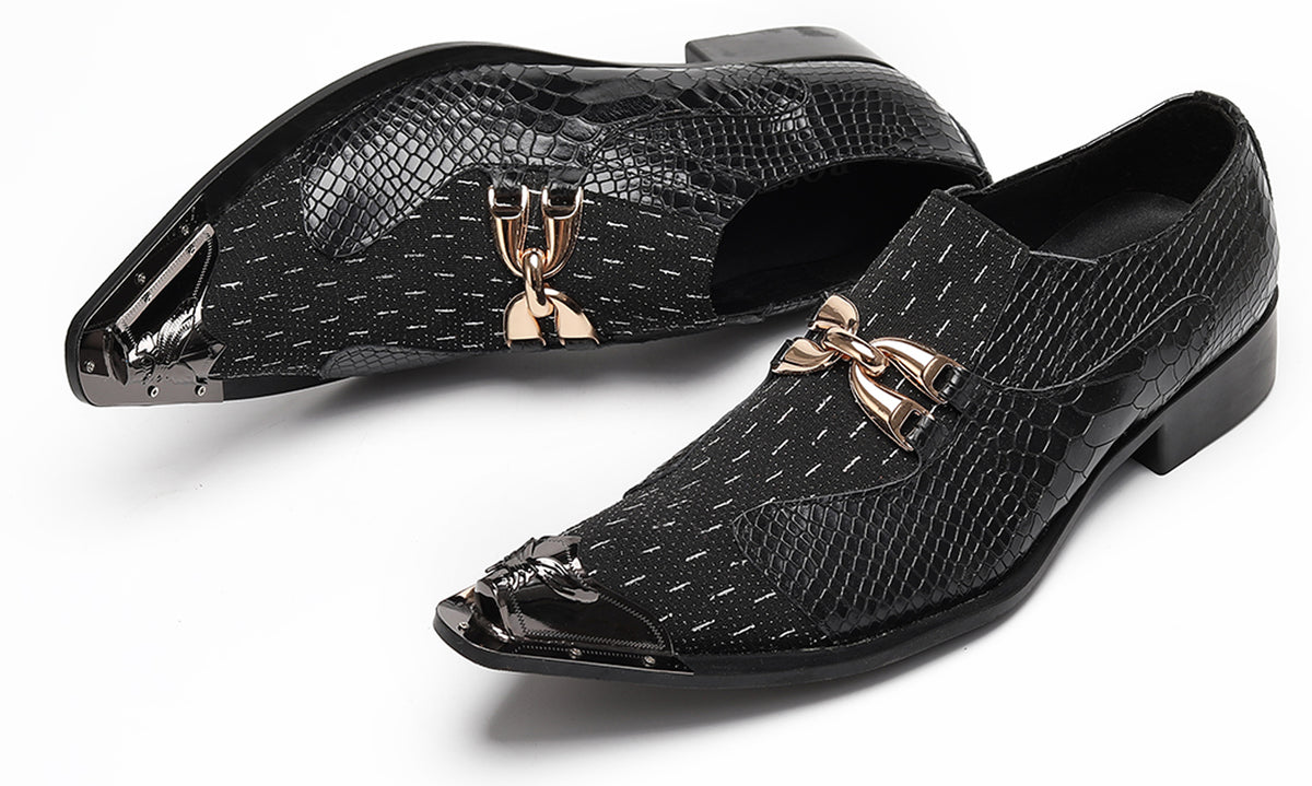Mens Gold Chain Mixed-Texture Crocodile Embossed Western Loafers