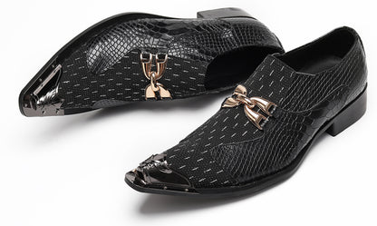 Mens Gold Chain Mixed-Texture Crocodile Embossed Western Loafers