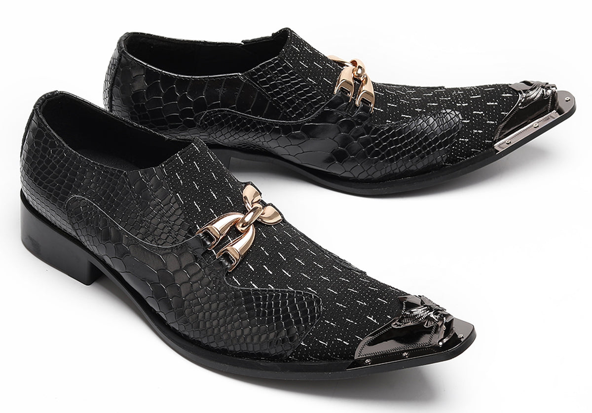 Mens Gold Chain Mixed-Texture Crocodile Embossed Western Loafers