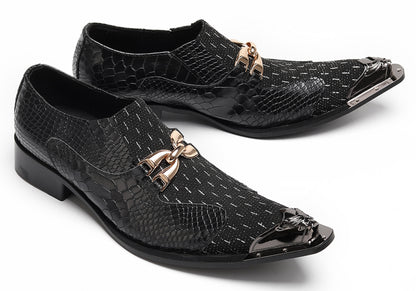 Mens Gold Chain Mixed-Texture Crocodile Embossed Western Loafers