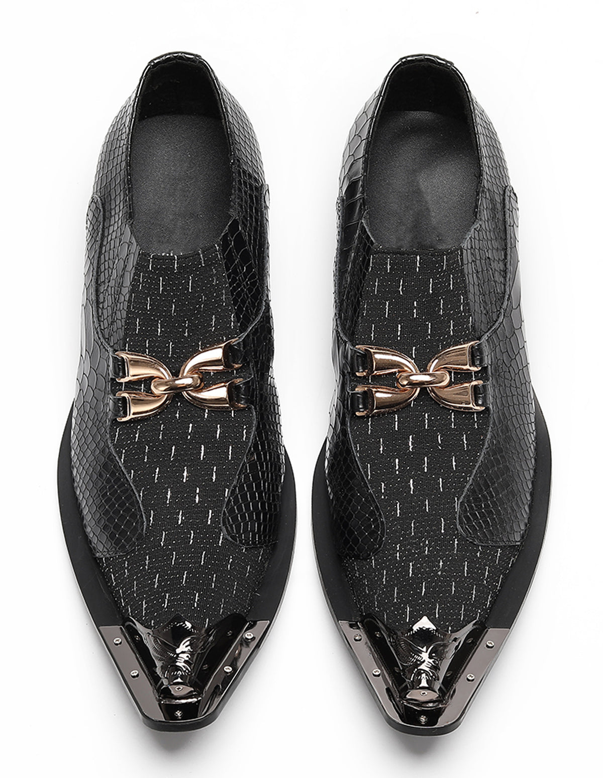 Mens Gold Chain Mixed-Texture Crocodile Embossed Western Loafers