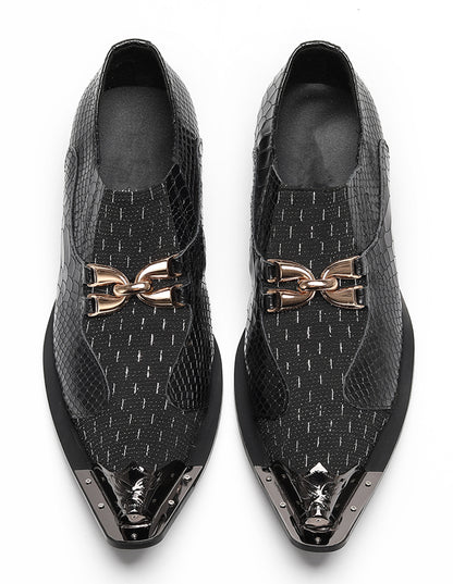Mens Gold Chain Mixed-Texture Crocodile Embossed Western Loafers