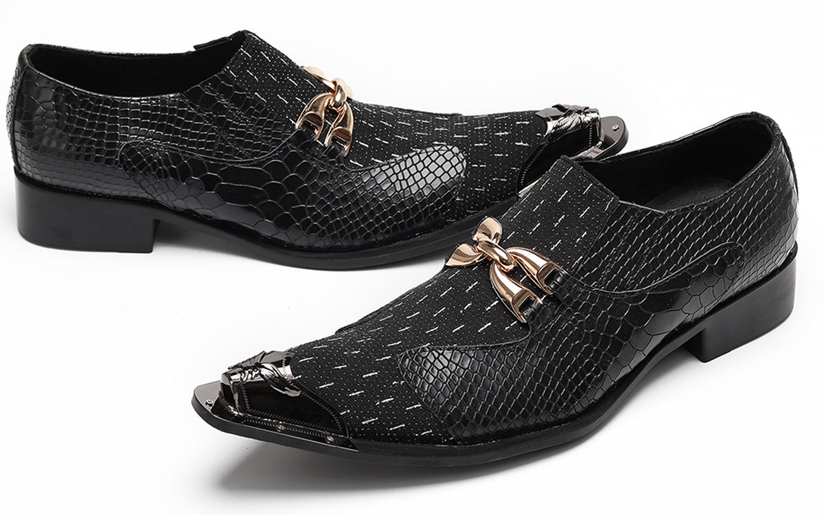 Mens Gold Chain Mixed-Texture Crocodile Embossed Western Loafers