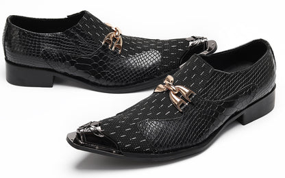 Mens Gold Chain Mixed-Texture Crocodile Embossed Western Loafers