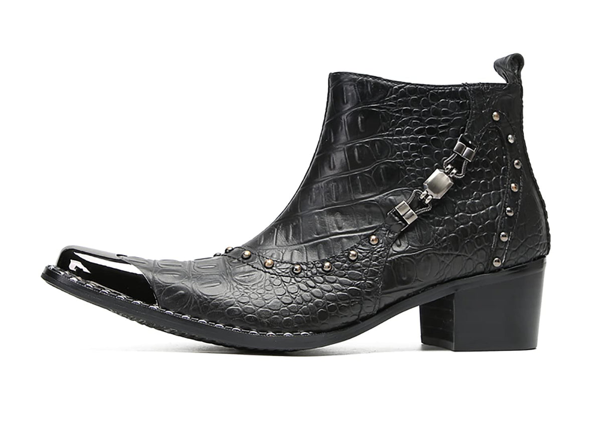 Mens Genunie Leather Zipper Chain Metal Square Toe Ankle Western Boots