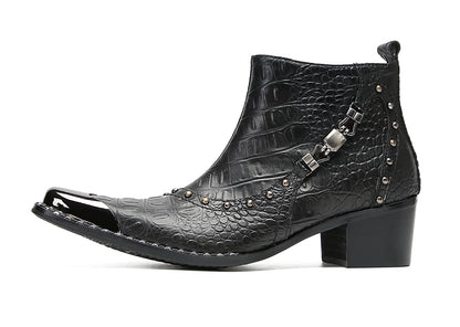 Mens Genunie Leather Zipper Chain Metal Square Toe Ankle Western Boots