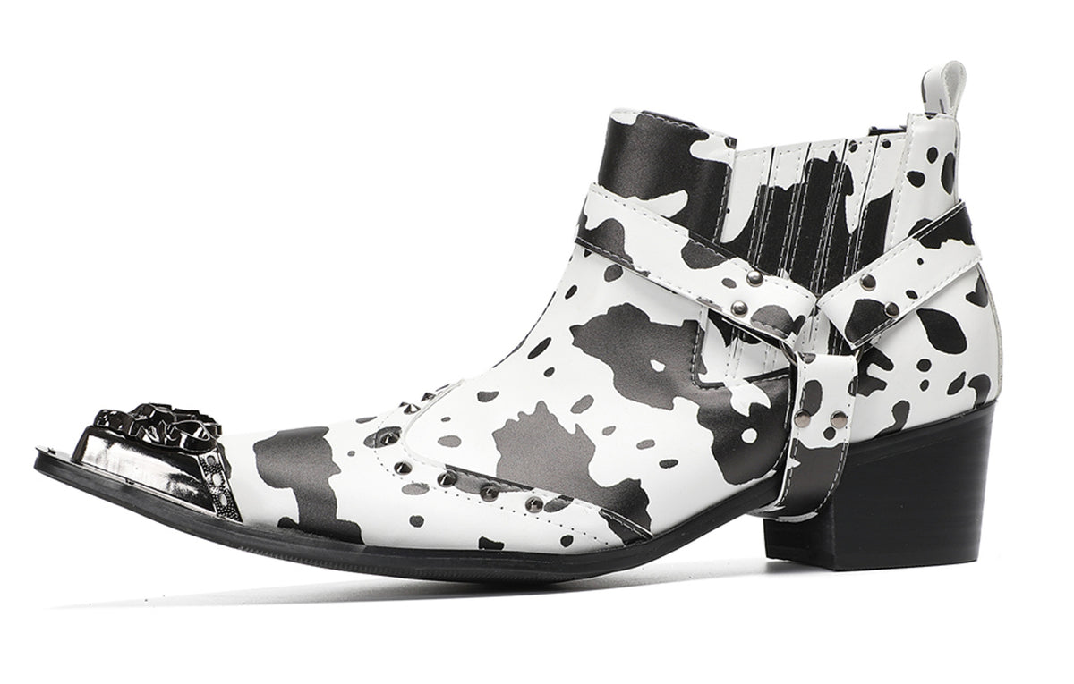 Mens Cow Print Harness Strap Chain Accent Ankles Western Chelsea Boots