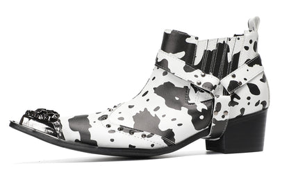 Mens Cow Print Harness Strap Chain Accent Ankles Western Chelsea Boots