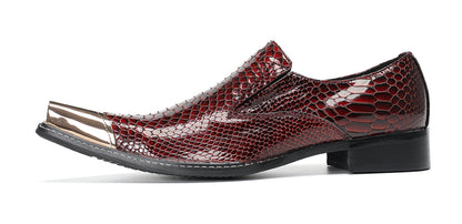Mens Burgundy Snake-Print Patent Metal Toe-Cap Western Loafers