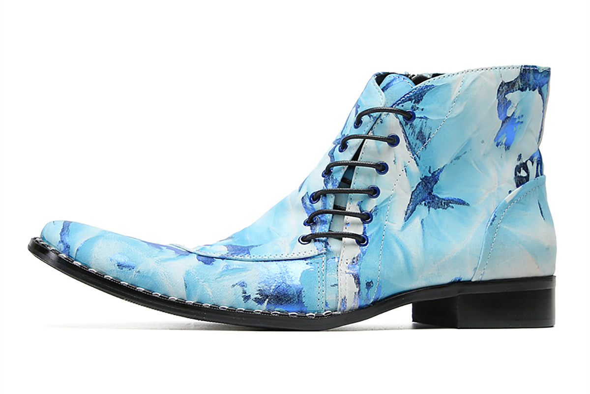 Mens Genuine Leather Casual Party Blue Dress Slanted Shoelaces Ankle Boots