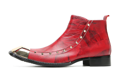 Mens Genunie Leather Red Dress Metal Square Toe Ankle Western Boots