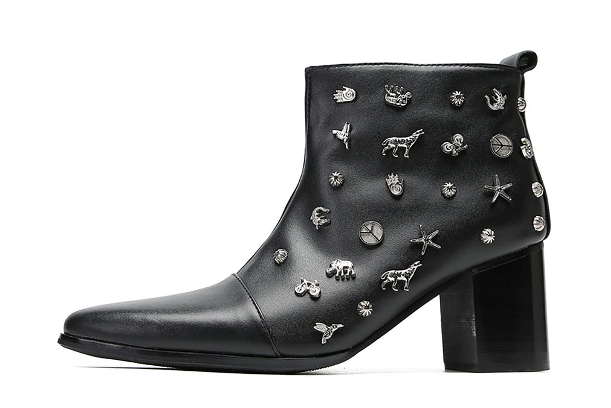 Mens Genunie Leather Mid Top Boots Wingtip Toe Full Samll Decor Hard Heel Ankle Boots
