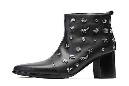 Mens Genunie Leather Mid Top Boots Wingtip Toe Full Samll Decor Hard Heel Ankle Boots