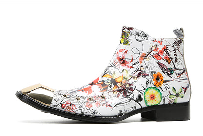 Mens Genunie Leather Metal Square Toe Flowers Graffiti Zipper Ankle Western Chelsea Boots