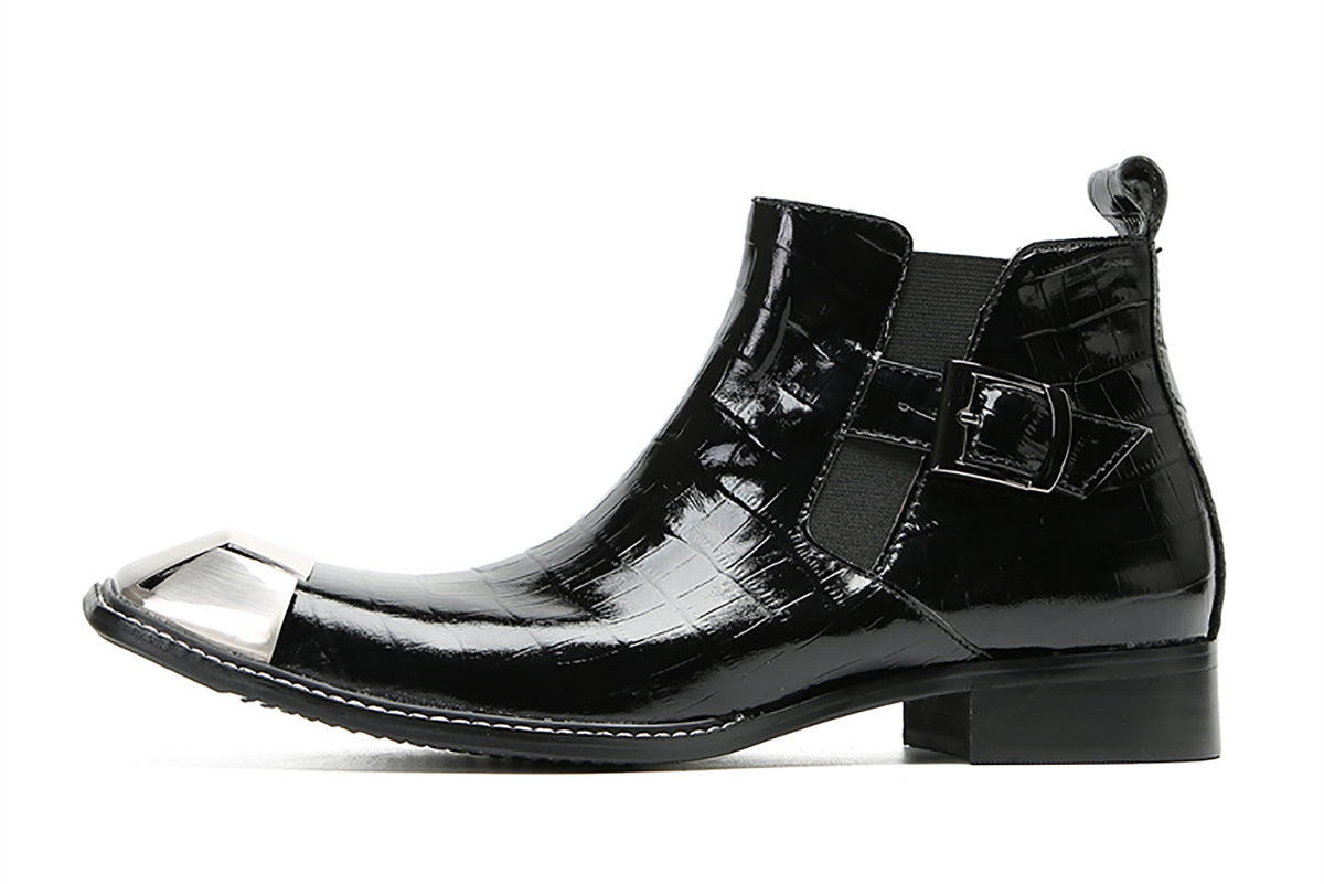 Mens Genunie Leather Black Dress Leather Metal Square Toe Ankle Western Chelsea Boots