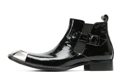Mens Genunie Leather Black Dress Leather Metal Square Toe Ankle Western Chelsea Boots