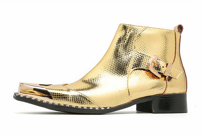 Mens Genuine Leather Gold Dress Metal Square Toe Ankle Western Boots