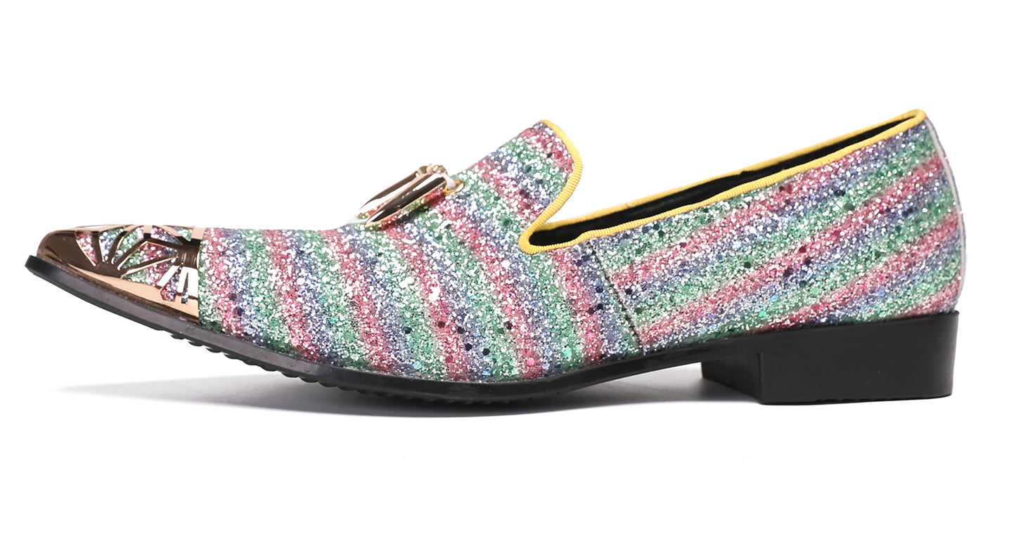Mens Party Slip On Metal-Tip Toe Prom Glitter Western Loafers