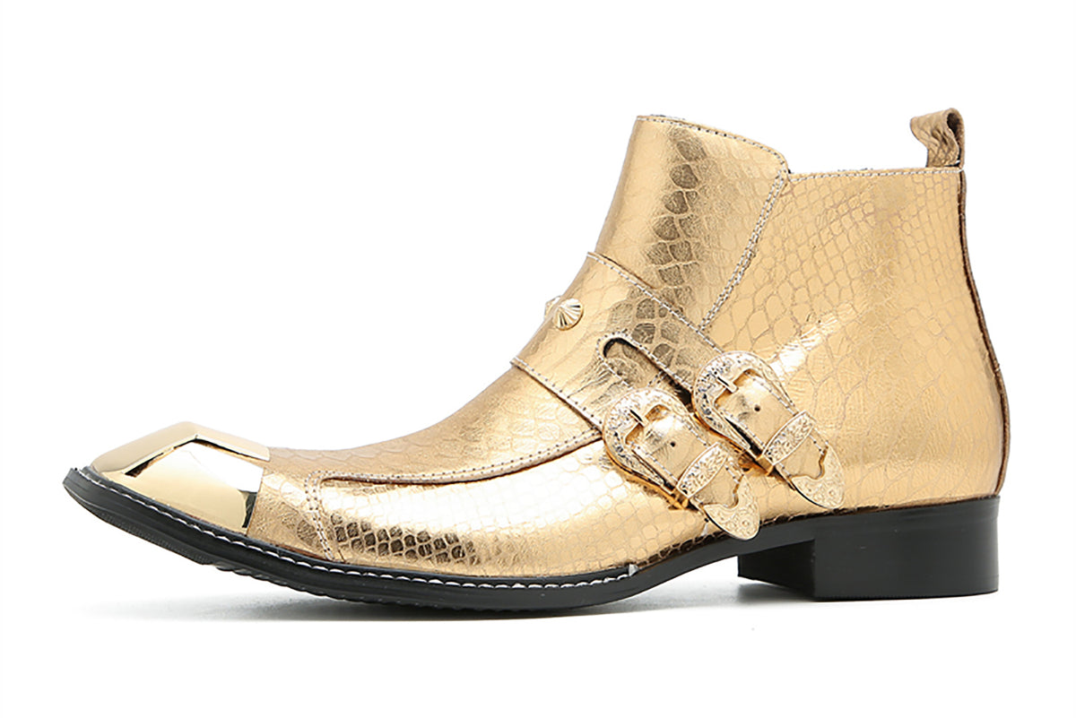 Mens Genunie Leather Metal Square Toe Buckles Zipper Ankle Western Boots