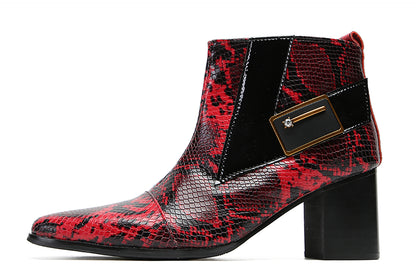 Mens Genuine Leather Casual Dress Snakeskin Texture Zipper Heel Ankle Boots