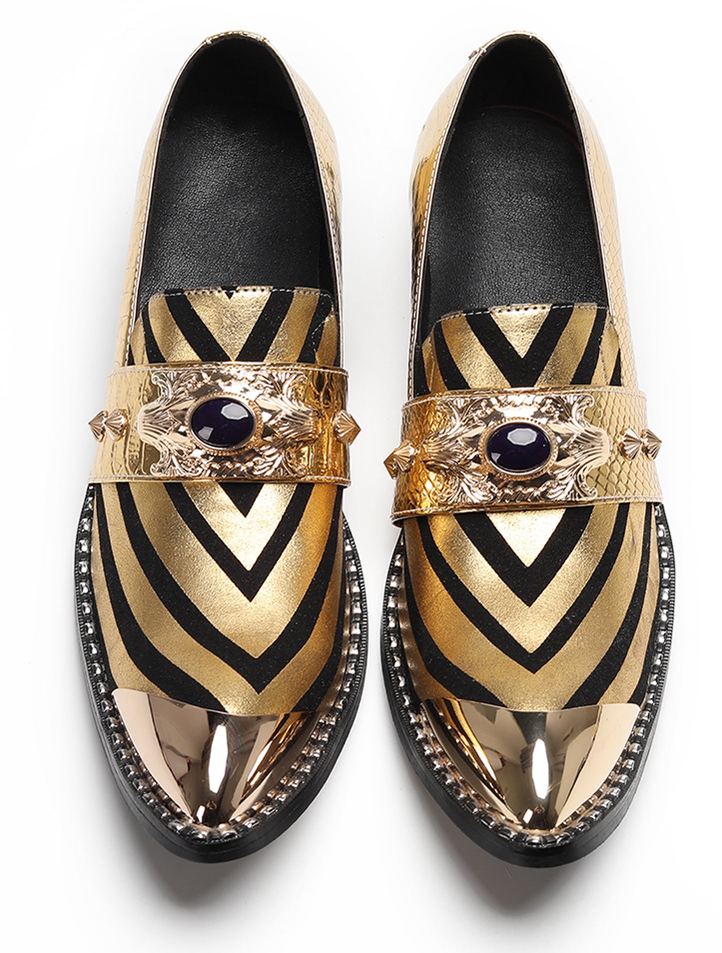 Mens Metal Tip Toe Black Gold Pattern Western Loafers
