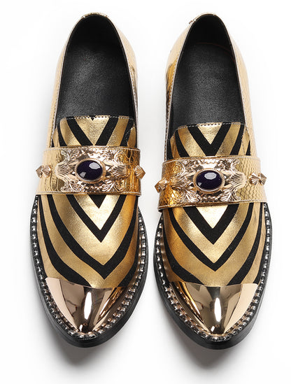 Mens Metal Tip Toe Black Gold Pattern Western Loafers