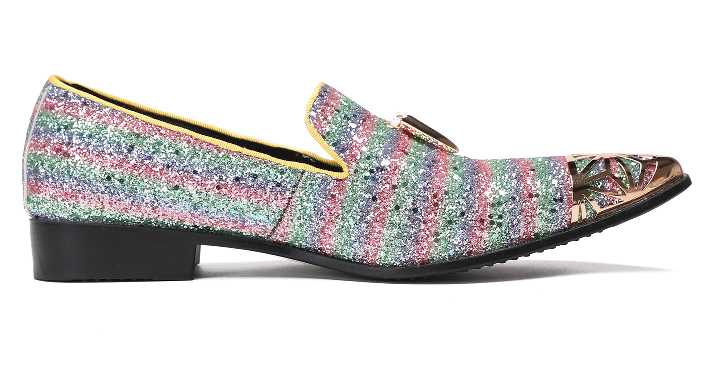 Mens Party Slip On Metal-Tip Toe Prom Glitter Western Loafers