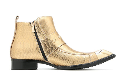 Mens Genunie Leather Metal Square Toe Buckles Zipper Ankle Western Boots