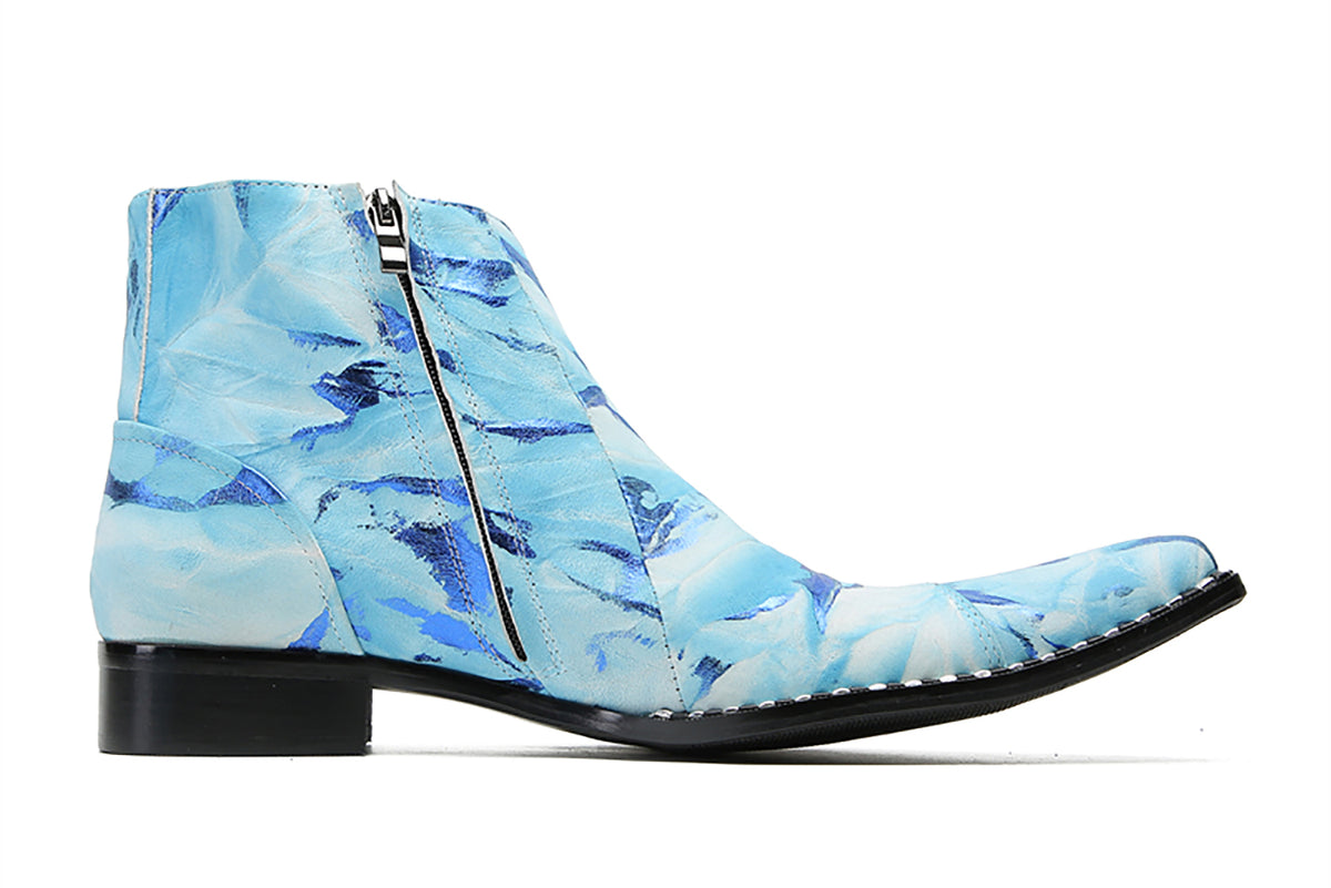 Mens Genuine Leather Casual Party Blue Dress Slanted Shoelaces Ankle Boots