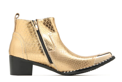 Mens Genuine Leather Beaded Zipper Metal Square Toe Ankle Western Boots