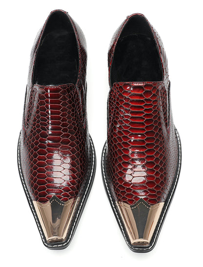 Mens Burgundy Snake-Print Patent Metal Toe-Cap Western Loafers