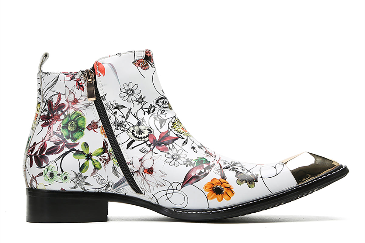 Mens Genunie Leather Metal Square Toe Flowers Graffiti Zipper Ankle Western Chelsea Boots