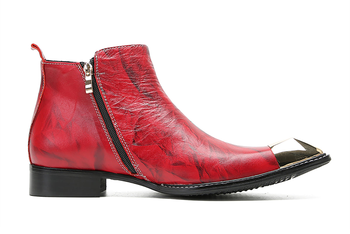 Mens Genunie Leather Red Dress Metal Square Toe Ankle Western Boots
