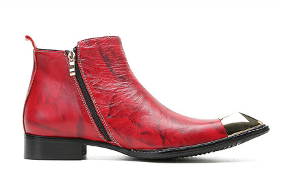 Mens Genunie Leather Red Dress Metal Square Toe Ankle Western Boots