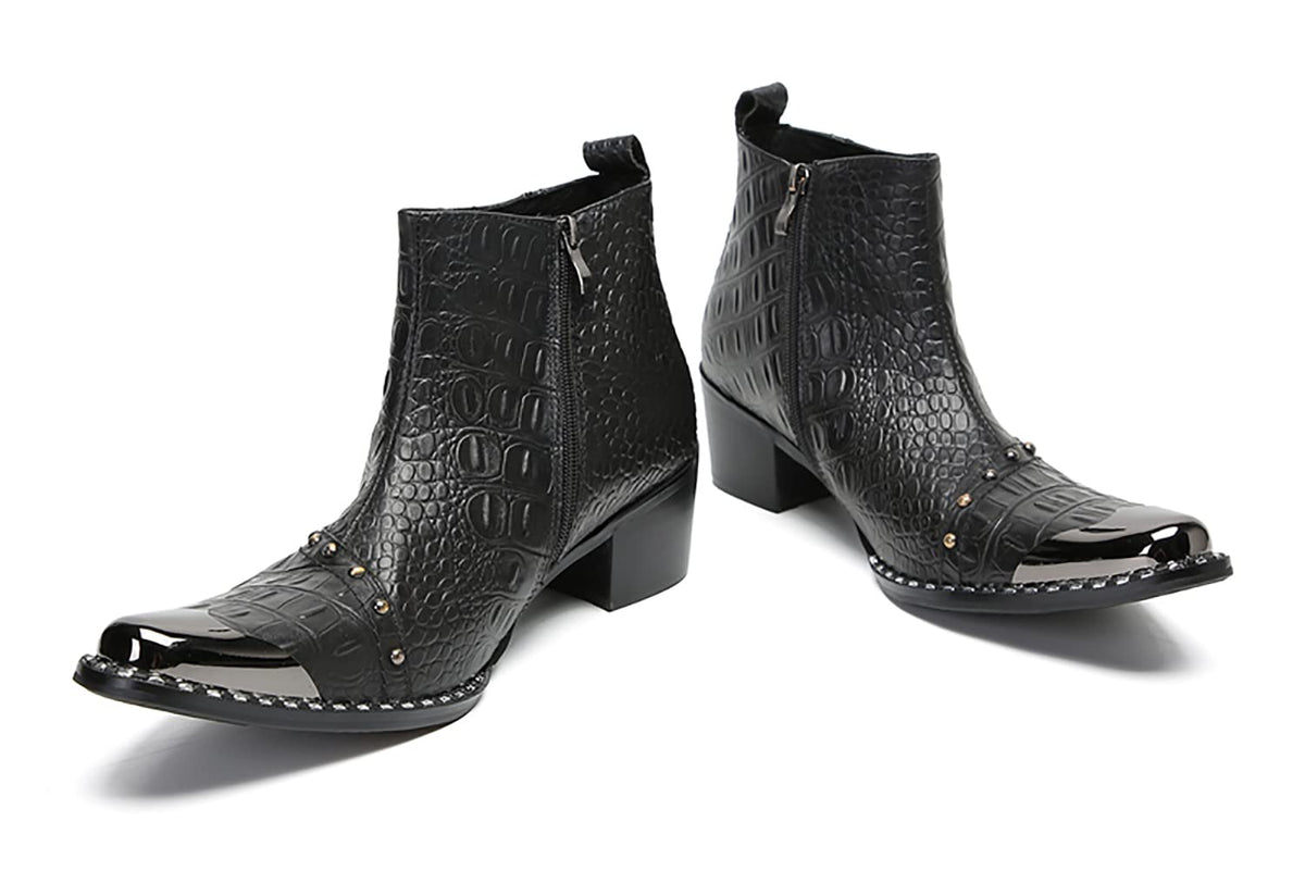 Mens Genunie Leather Zipper Chain Metal Square Toe Ankle Western Boots
