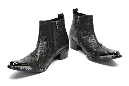 Mens Genunie Leather Zipper Chain Metal Square Toe Ankle Western Boots