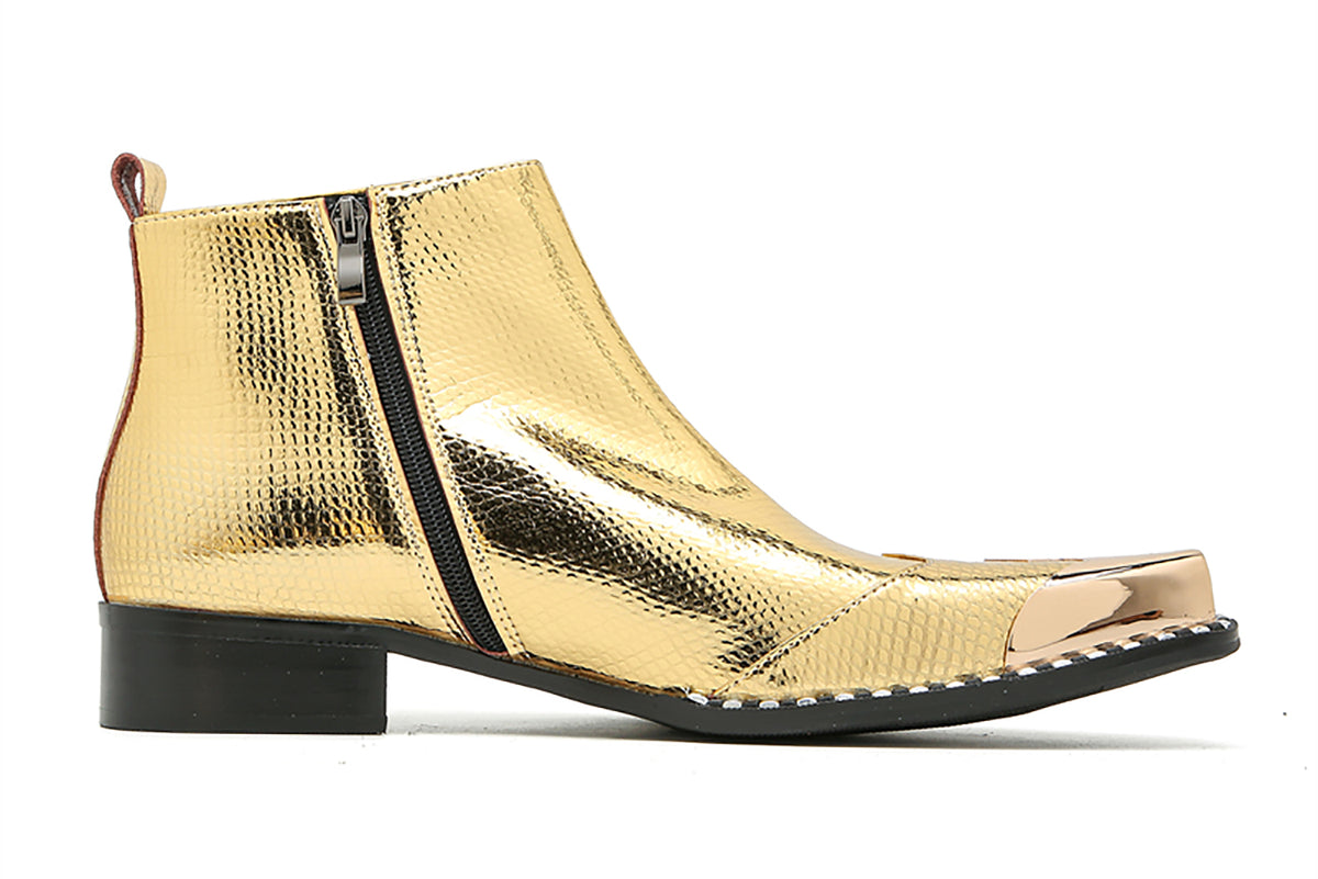 Mens Genuine Leather Gold Dress Metal Square Toe Ankle Western Boots