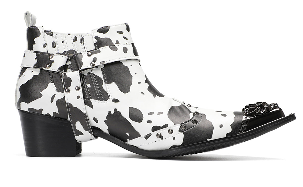 Mens Cow Print Harness Strap Chain Accent Ankles Western Chelsea Boots