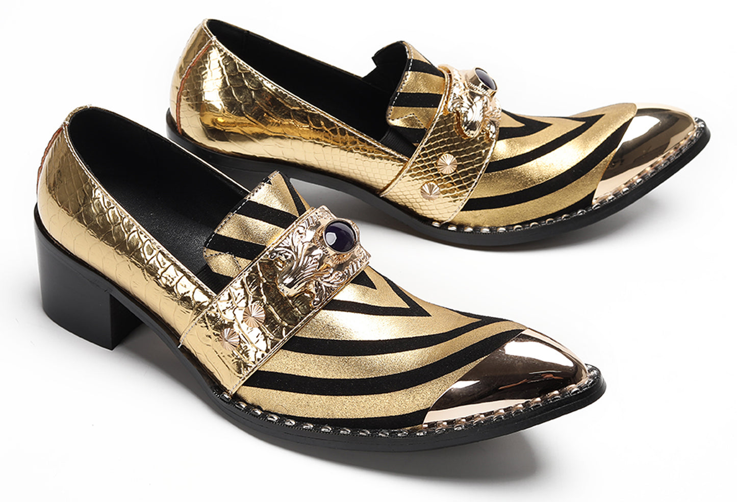 Mens Metal Tip Toe Black Gold Pattern Western Loafers