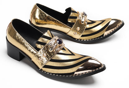 Mens Metal Tip Toe Black Gold Pattern Western Loafers