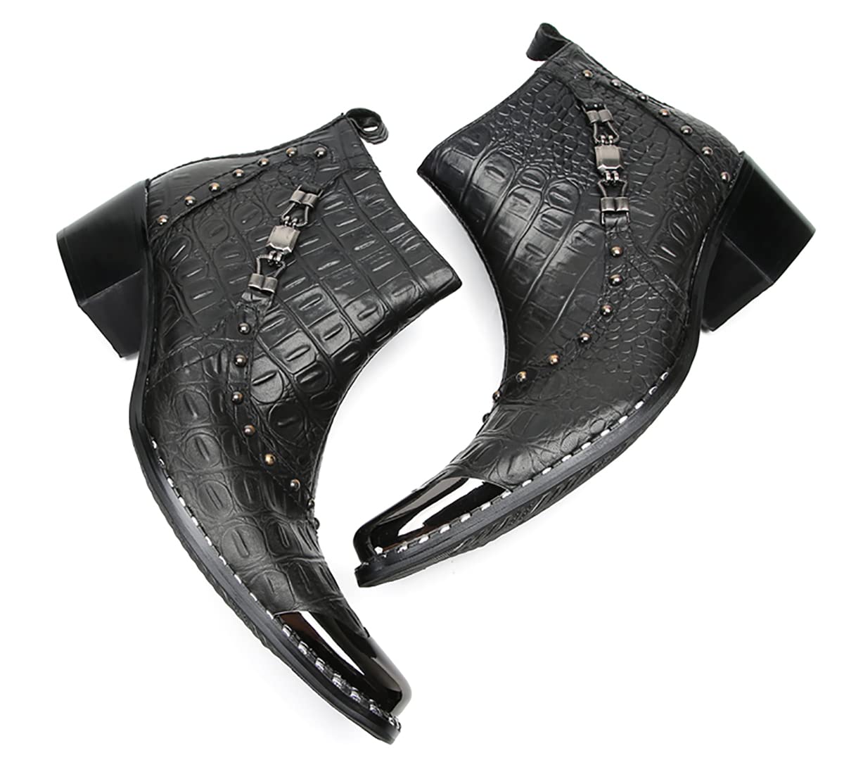 Mens Genunie Leather Zipper Chain Metal Square Toe Ankle Western Boots