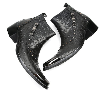 Mens Genunie Leather Zipper Chain Metal Square Toe Ankle Western Boots