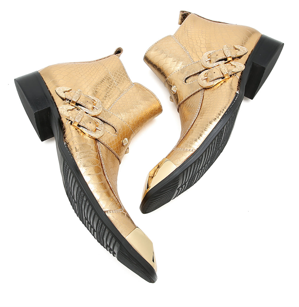 Mens Genunie Leather Metal Square Toe Buckles Zipper Ankle Western Boots