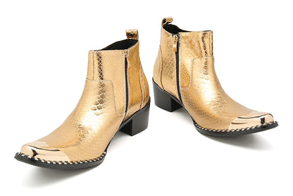 Mens Genuine Leather Beaded Zipper Metal Square Toe Ankle Western Boots