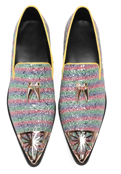 Mens Party Slip On Metal-Tip Toe Prom Glitter Western Loafers