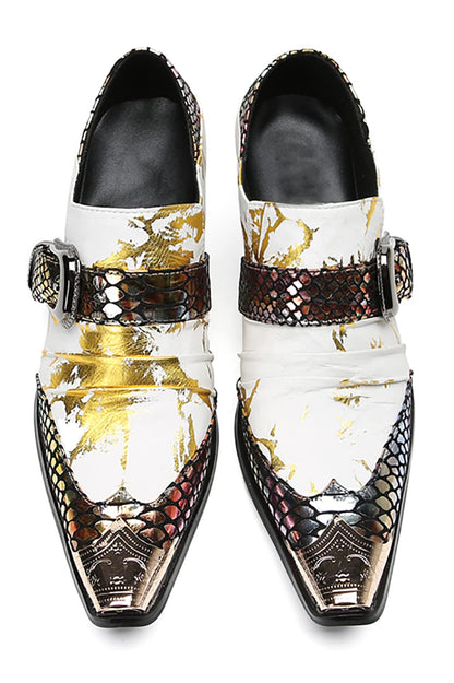 Mens Genuine Leather Slip On Two Tone Buckles Metal-Square Toe Heel Western Loafers