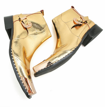 Mens Genuine Leather Gold Dress Metal Square Toe Ankle Western Boots