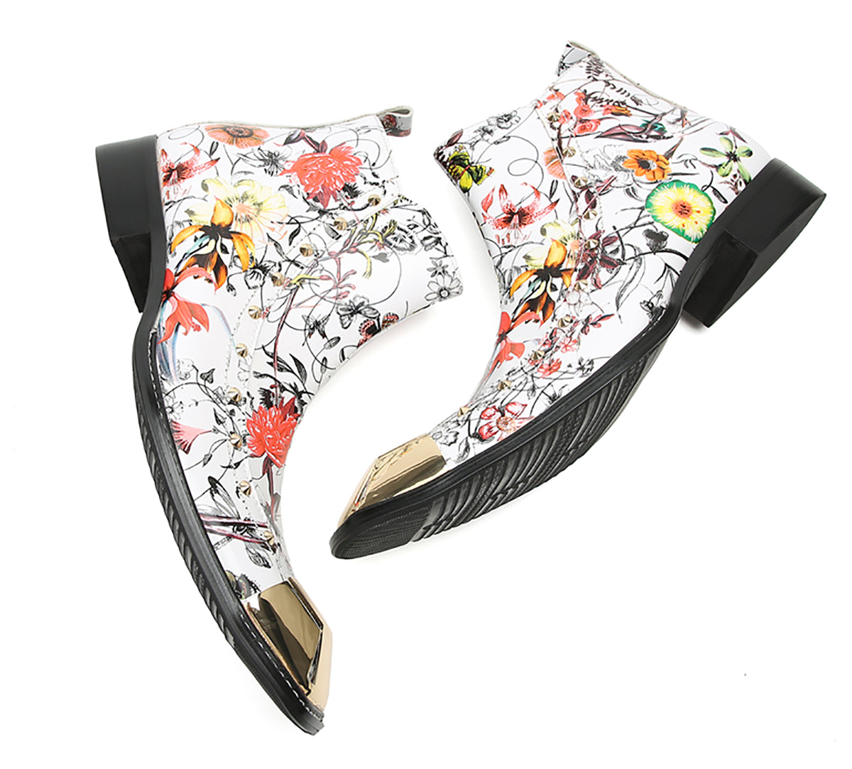 Mens Genunie Leather Metal Square Toe Flowers Graffiti Zipper Ankle Western Chelsea Boots